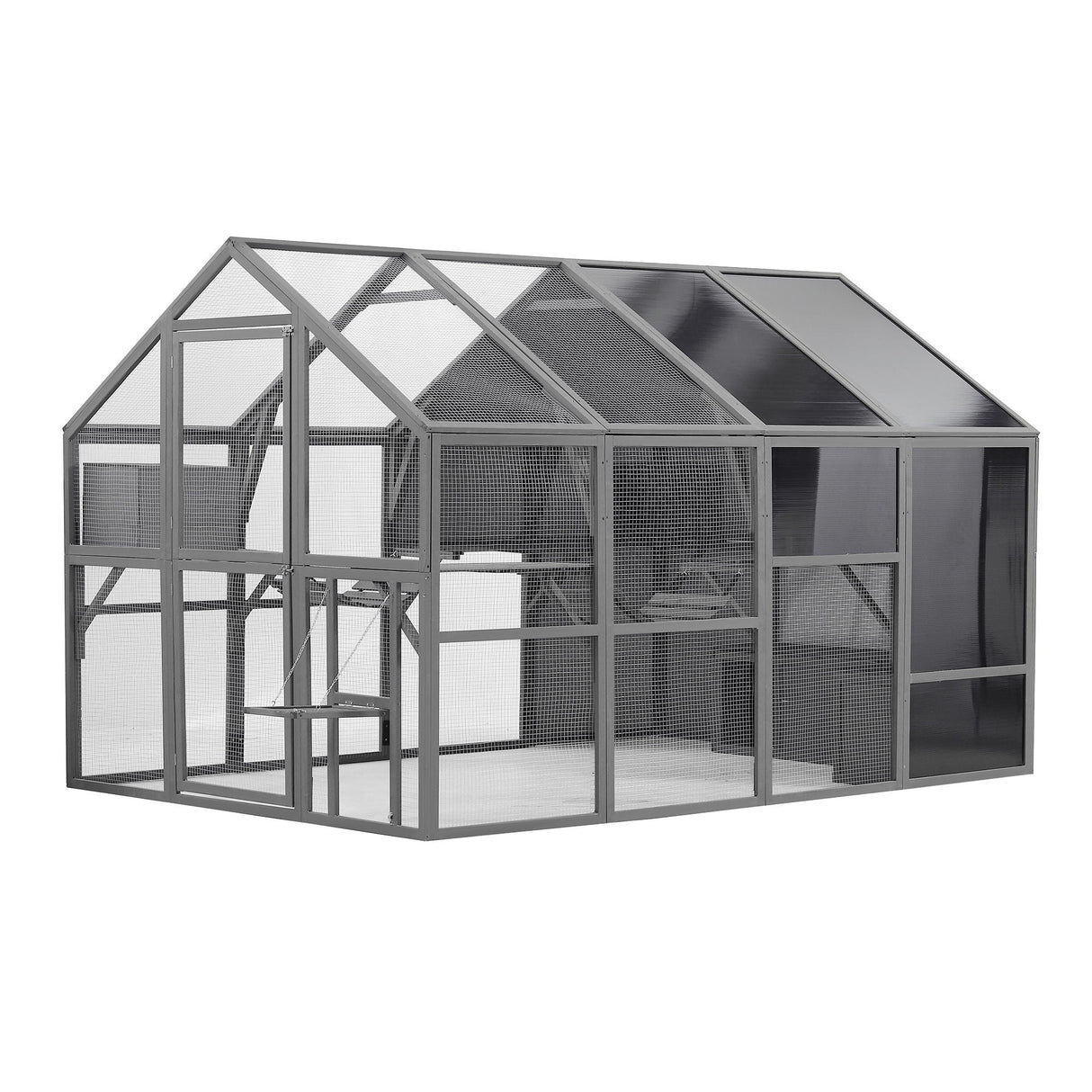 Luxury Cat Cage Outdoor Wooden Catio Enclosure Patio Large Cat Run House For Multiple Pets Walk In Kitten Kennel With Bouncy Bridge, Platforms, Small Houses, Seating And Sunshine Panel - Gray by Couch.com