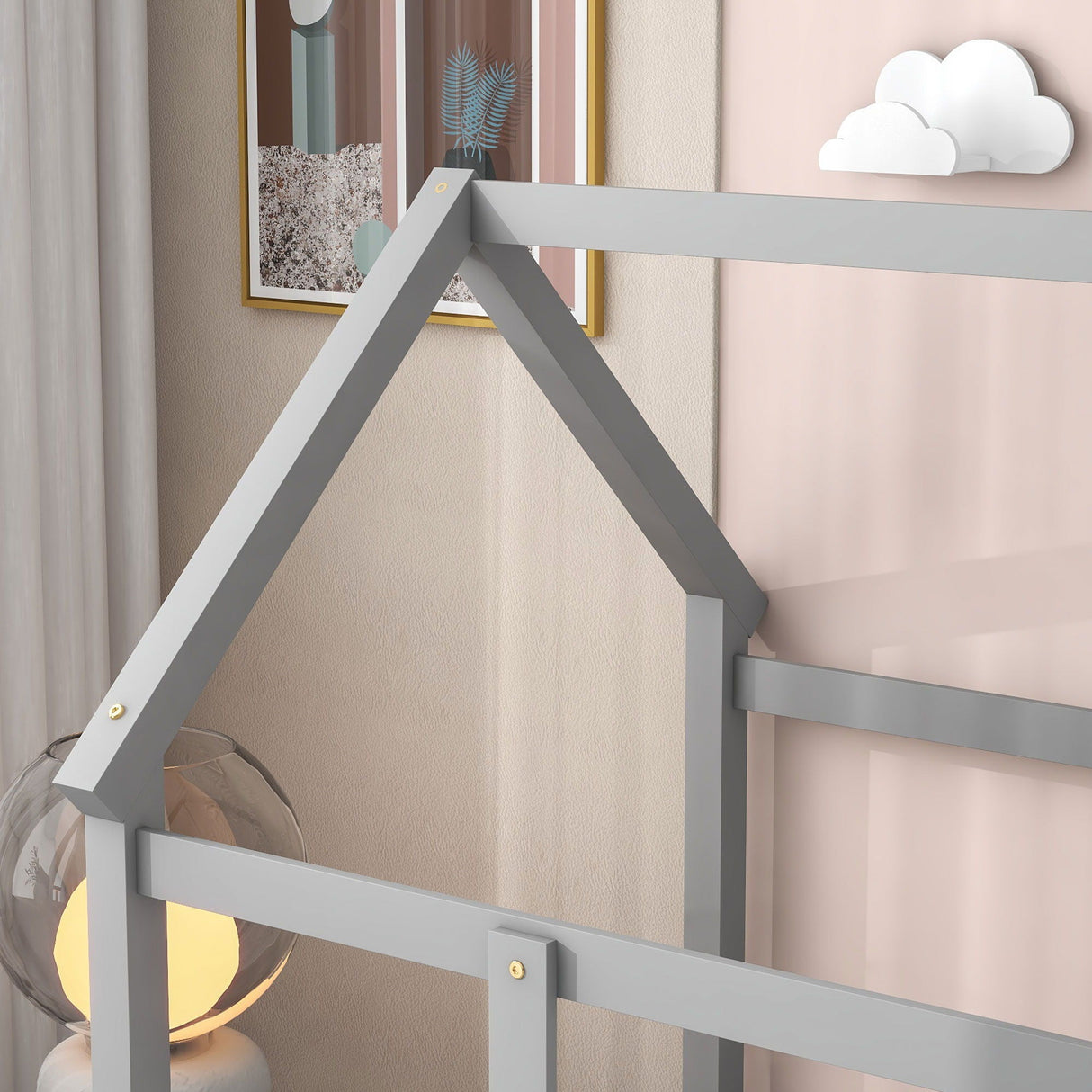 Floor Wooden Bed With House Roof Frame, Fence Guardrails by Couch.com