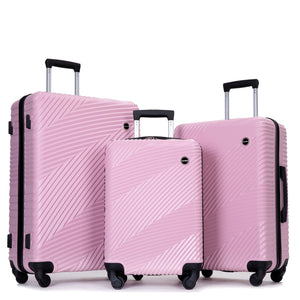 Displayed side by side are three pink suitcases of different sizes from the 3 Piece Luggage Set, featuring a textured zigzag pattern, spinner wheels in black, and matching retractable handles, showcasing a modern and sturdy design.