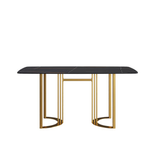 63" Modern Artificial Stone Curved Golden Metal Leg Dining Table, 6 People - Black / Gold by Couch.com