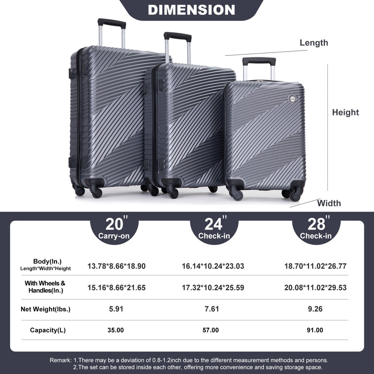 3 Piece Luggage Sets Lightweight Suitcase With Two Hooks, Spinner Wheels, by Couch.com