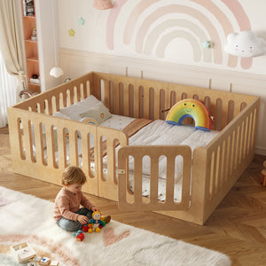 Full Size Floor Bed with High Fence for Kids, Solid Wood Kids Montessori Bed with Door, low-profile and No Box Spring Needed, Natural