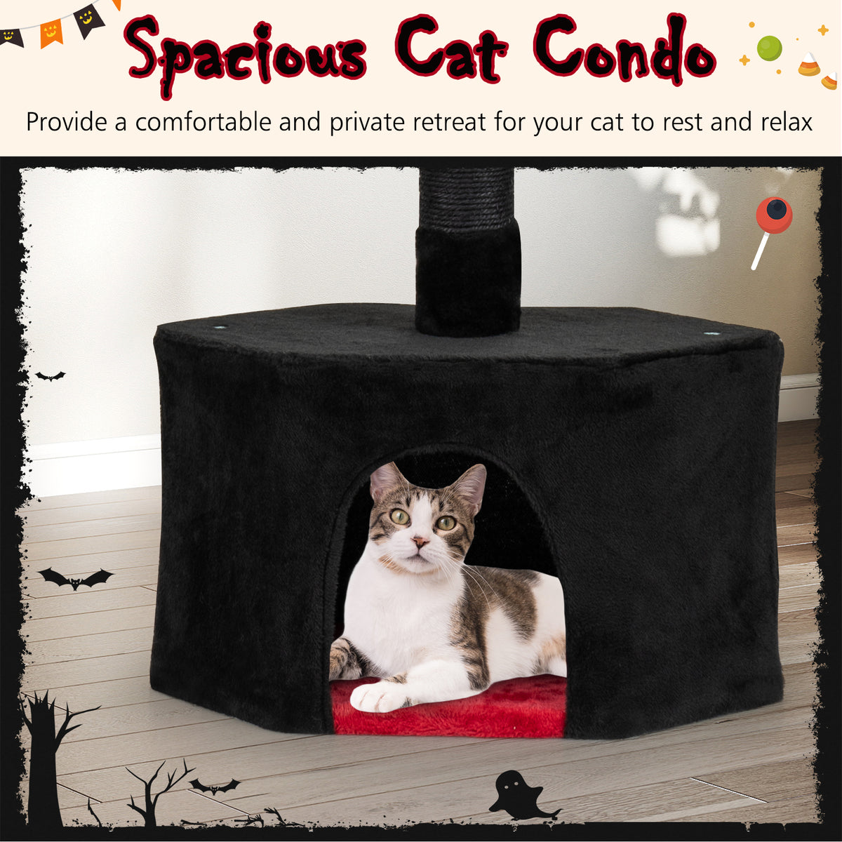 Floor to Ceiling Gothic Cat Tree 97-118 Inches Adjustable 5-Tier with Condo-Black