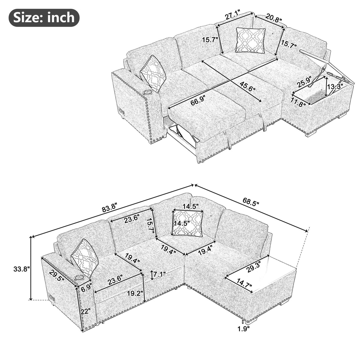 Sectional Pull-Out Sofa Bed L-Shaped Corner Sofa Couch With Storage Chaise, USB Ports, Power Sockets, Cup Holder For Living Room, Bedroom, Study by Couch.com