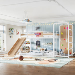 Twin size metal loft/bunk bed with basketball hoop, pull-up rings, climbing wall, and built-in bookshelves. Playful children's design featuring a slide,White and Yellow