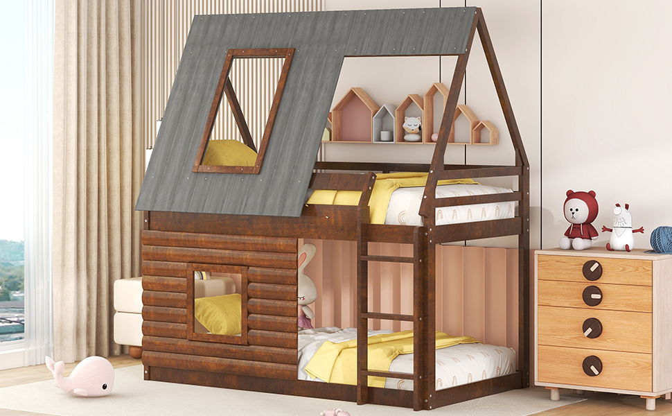 Wood Twin Size House Bunk Bed With Roof, Ladder And 2 Windows - Oak & Smoky Gray by Couch.com