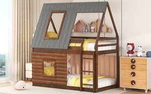 Wood Twin Size House Bunk Bed With Roof, Ladder And 2 Windows - Oak & Smoky Gray by Couch.com