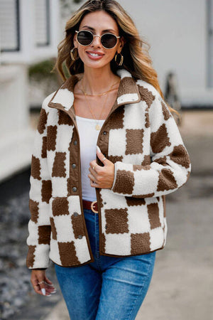 Elegant Checkered Snap Down Long Sleeve Teddy Jacket Soft & Warm Colorful Jacket