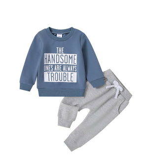 Casual Round Neck Letter Print Sweater Trousers Suit