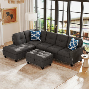 98 Inches Sectional Sofa Couch with Movable Storage Ottoman and Linen Fabric Backs-DG