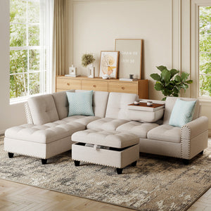 98 Inches Sectional Sofa Couch with Movable Storage Ottoman and Linen Fabric Backs-LR