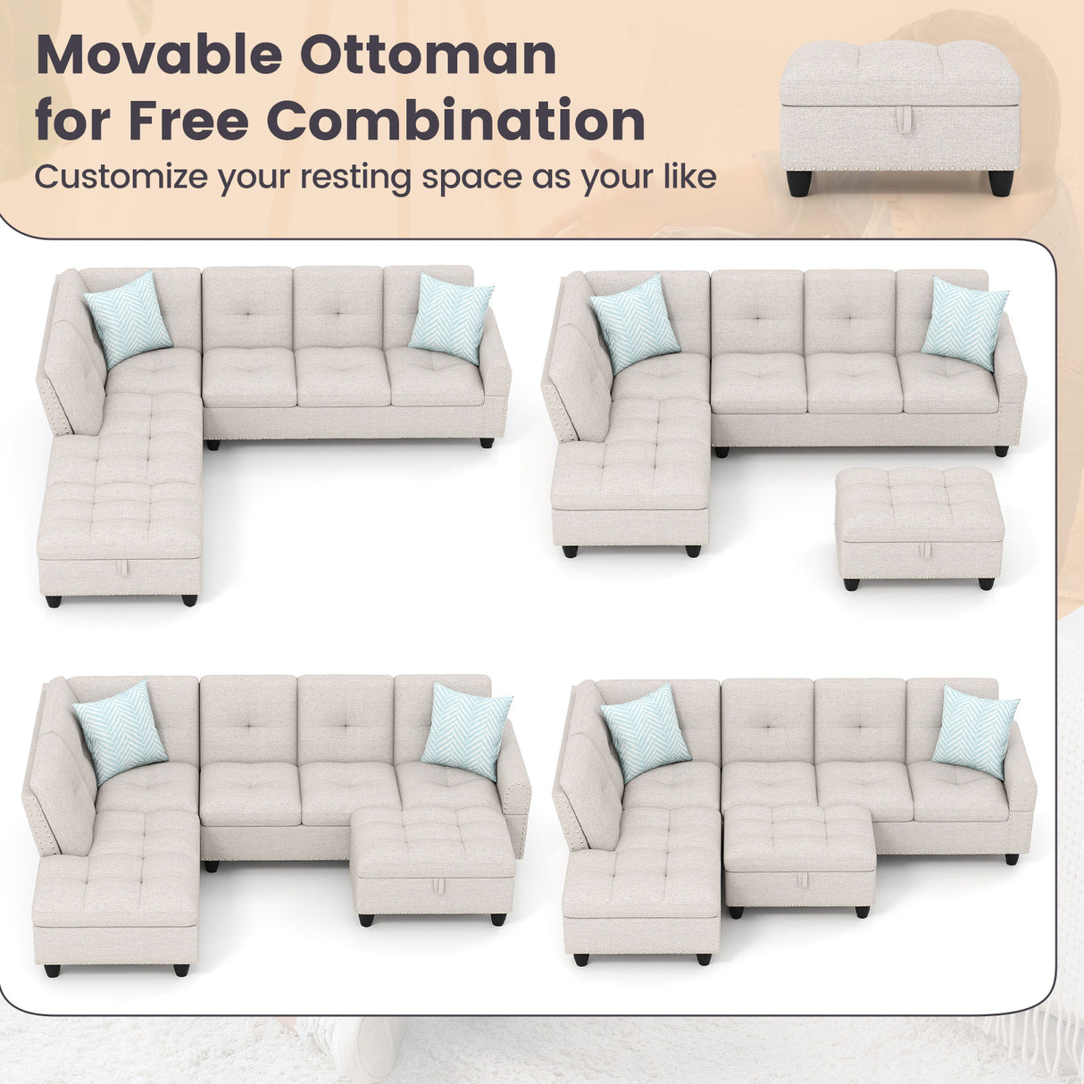 98 Inches Sectional Sofa Couch with Movable Storage Ottoman and Linen Fabric Backs-LR
