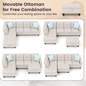 98 Inches Sectional Sofa Couch with Movable Storage Ottoman and Linen Fabric Backs-LR