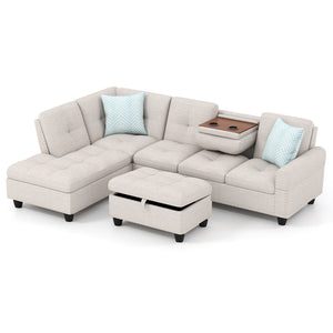 98 Inches Sectional Sofa Couch with Movable Storage Ottoman and Linen Fabric Backs-LR