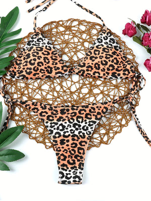 Bikini Leopard Print 2 Piece Swimsuit for Women – High Cut Lace-Up Backless Flattering Bikini Set with Halter Spaghetti Strap – Stretchy Sexy and Stylish Swimwear for Pool Beach and Summer Vacation