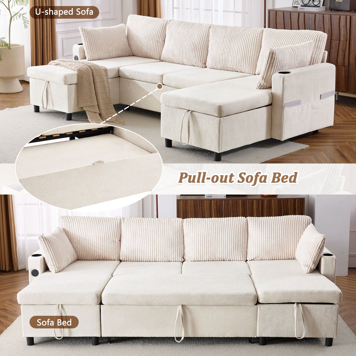 Sectional Sofa Pull Out Sofa Bed Versatile Sofa Sleeper With Large Storage Space, Two USB Ports And Two Cup Holders For Living Room by Couch.com