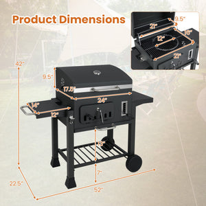 24-Inch Barrel Charcoal Grill with 2 Folding Side Tables and 544 sq.in Cooking Area