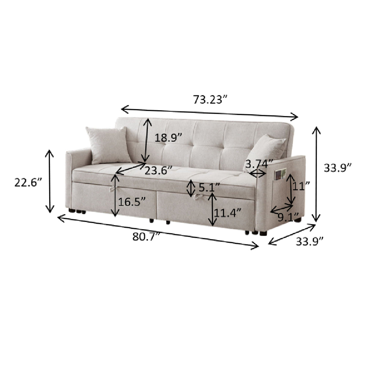 3 In 1 Convertible Sleeper Sofa Bed, Reclining Backrest, Pillows, Pockets by Couch.com