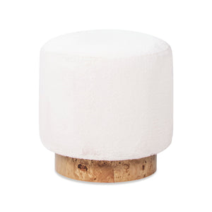 Tilly - Round Fur Upholstered / Burl Pouf Ottoman - White by Couch.com