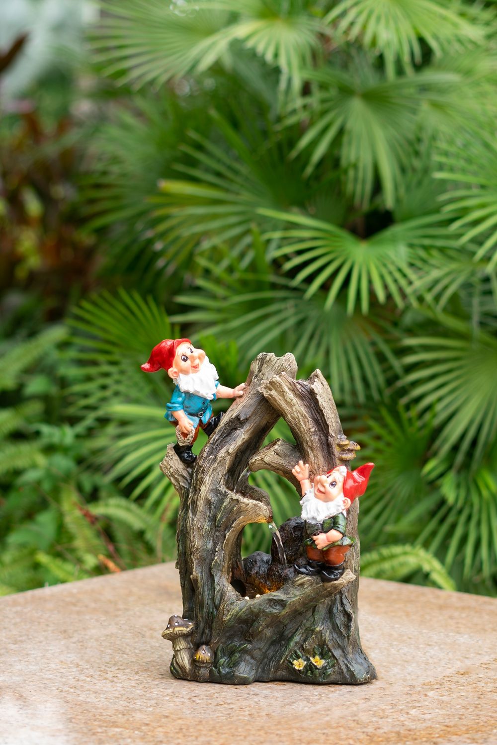 Decorative Woodland Gnome Water Fountain with LED Light - Brown