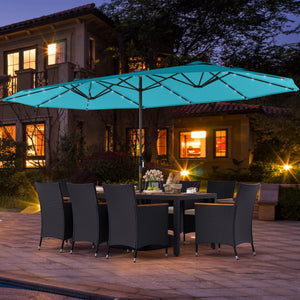 11 Pieces Patio Dining Set with LED Patio Umbrella with Base and Seat Cushions (Beige)-Turquoise