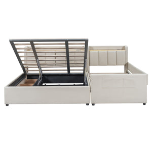 Upholstered Mother & Child Bed With Hydraulic Storage System, Drawer Box, Bedhead Storage Shelf And 2 Pairs Of Sockets & USB Ports by Couch.com