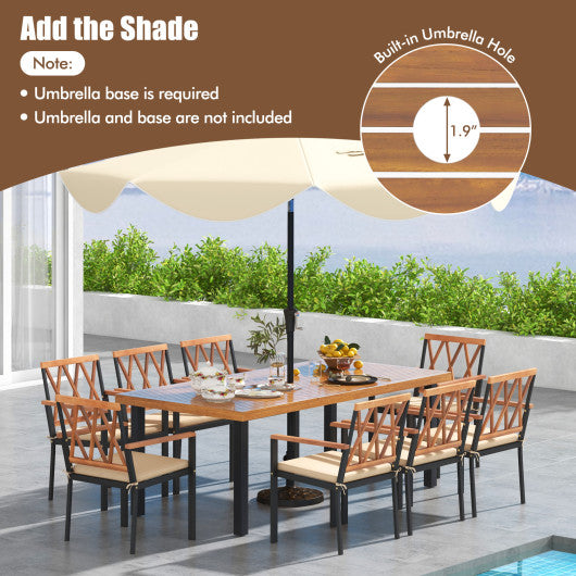 9 Pieces Patio Dining Set 39.5 Inch Acacia Wood Table with Umbrella Hole and 22.5-Inch Wide Chairs