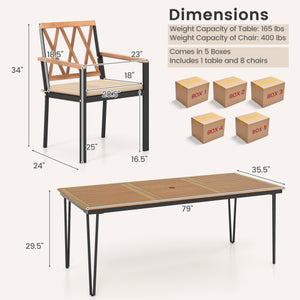 9-Piece Patio Dining Set 35.5 Inch Acacia Wood Table with Umbrella Hole and 22.5-Inch Wide Chairs