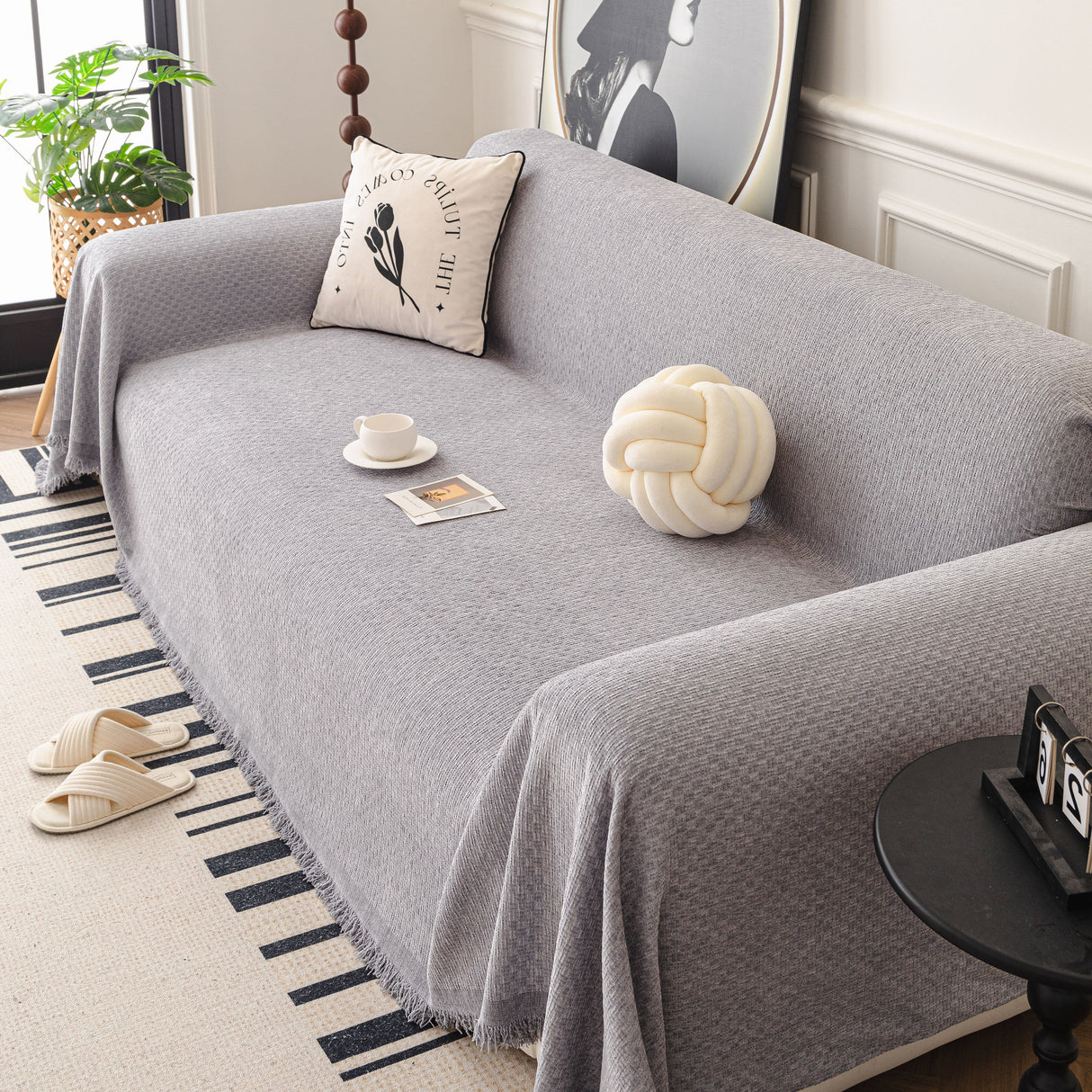 Textured Woven Modern Sofa Cover, Natural Blend Decorative Couch Throw Blanket