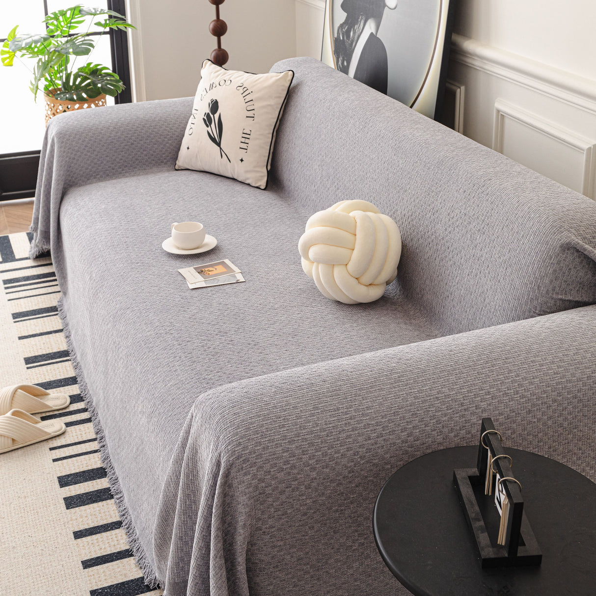 Textured Woven Modern Sofa Cover, Natural Blend Decorative Couch Throw Blanket