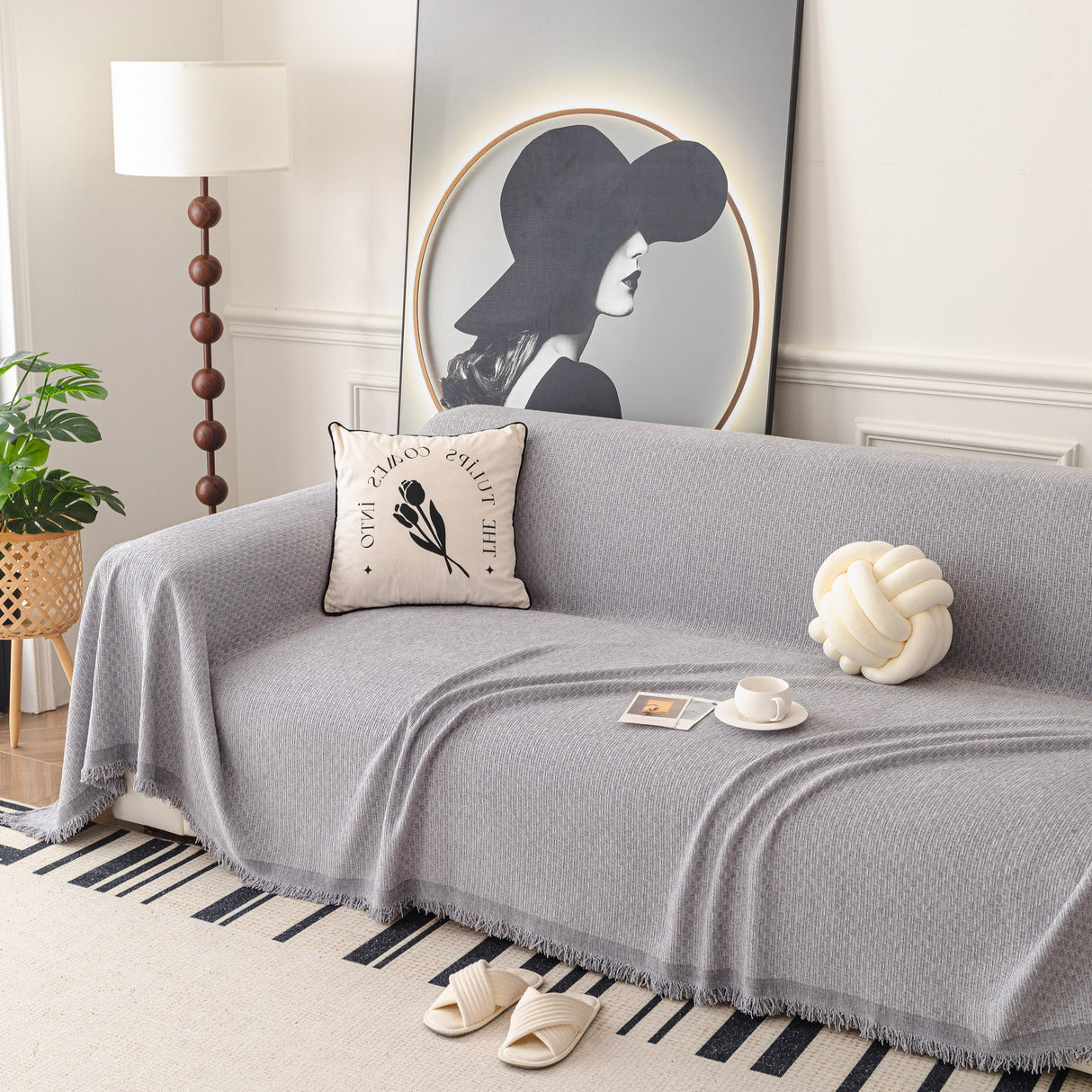 Textured Woven Modern Sofa Cover, Natural Blend Decorative Couch Throw Blanket