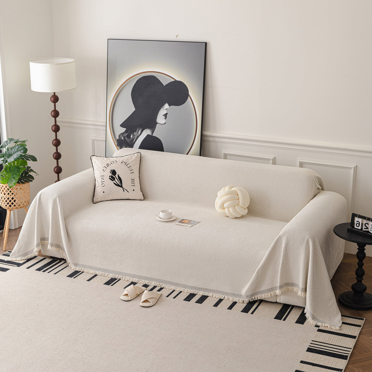 Textured Woven Modern Sofa Cover, Natural Blend Decorative Couch Throw Blanket