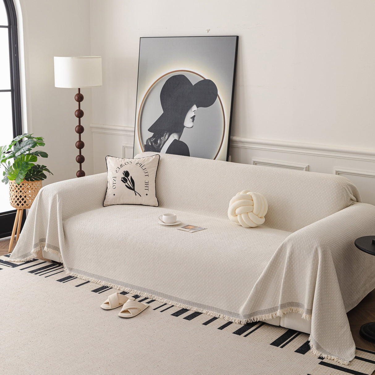 Textured Woven Modern Sofa Cover, Natural Blend Decorative Couch Throw Blanket