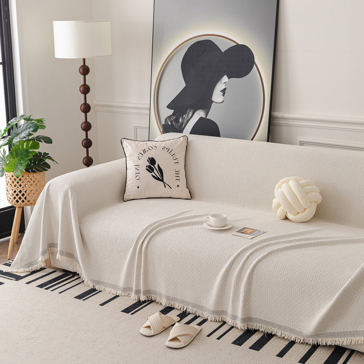 Textured Woven Modern Sofa Cover, Natural Blend Decorative Couch Throw Blanket