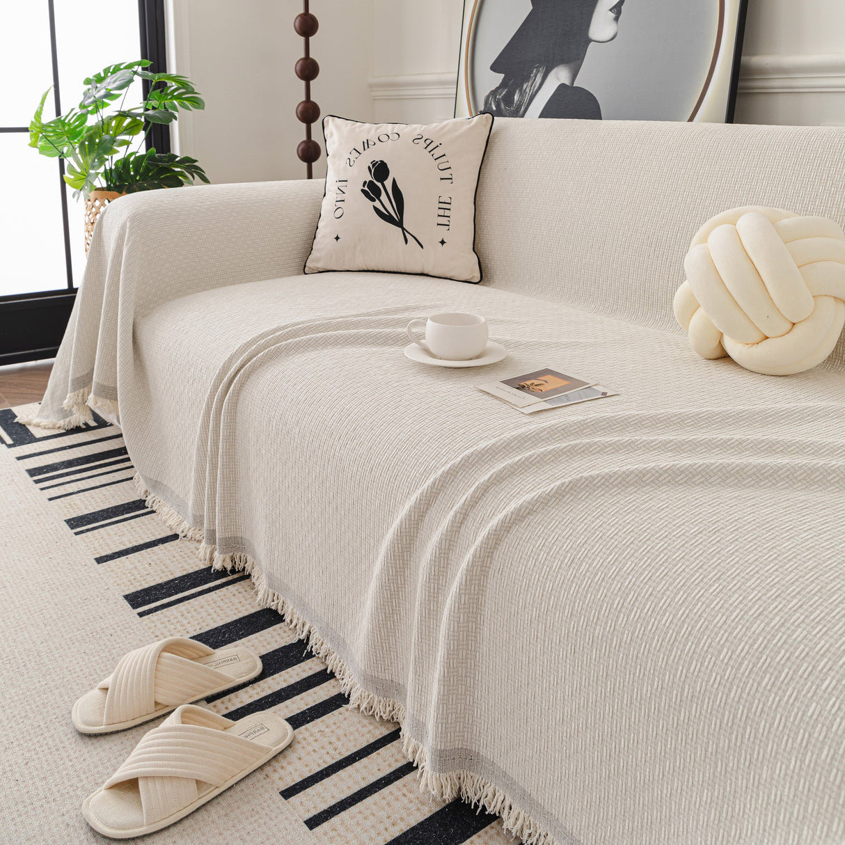 Textured Woven Modern Sofa Cover, Natural Blend Decorative Couch Throw Blanket