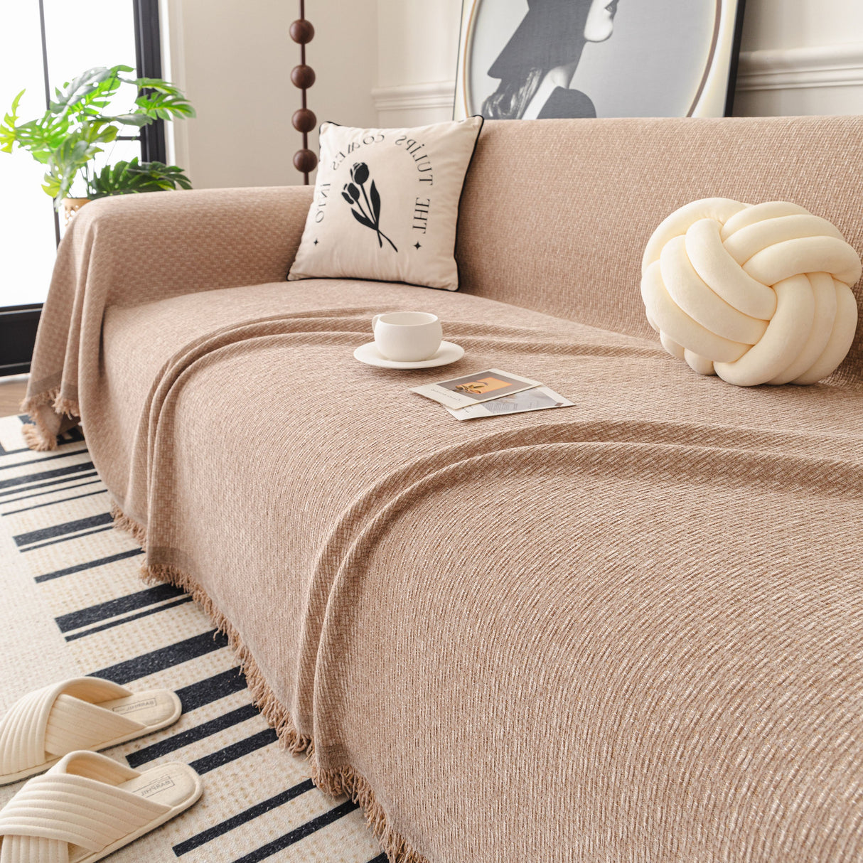 Textured Woven Modern Sofa Cover, Natural Blend Decorative Couch Throw Blanket