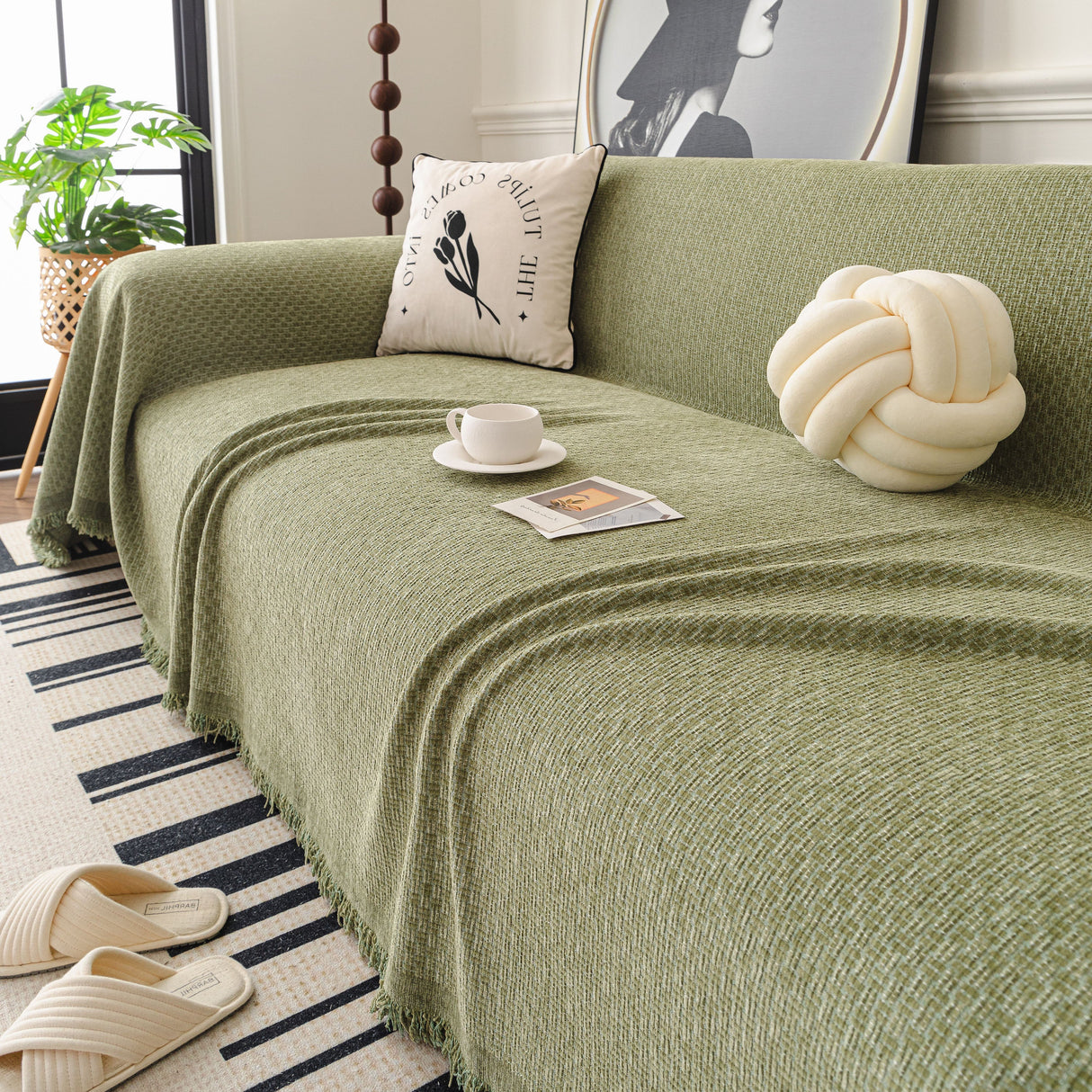 Textured Woven Modern Sofa Cover, Natural Blend Decorative Couch Throw Blanket