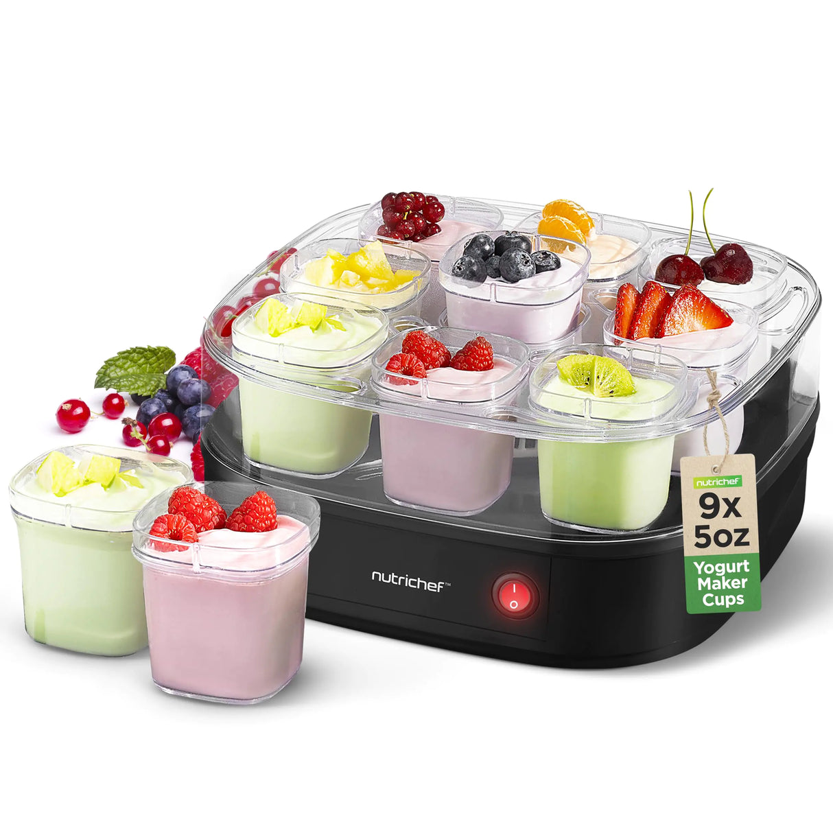 Nutrichef 9 Cup Automatic Yogurt Maker | Includes 9 - 5 oz Reusable Cups with Lids & Yogurt Rack for Instant Storage | Makes up to 45 OZ of Yogurt | Greek Yogurt Maker | Space Saving design | Black