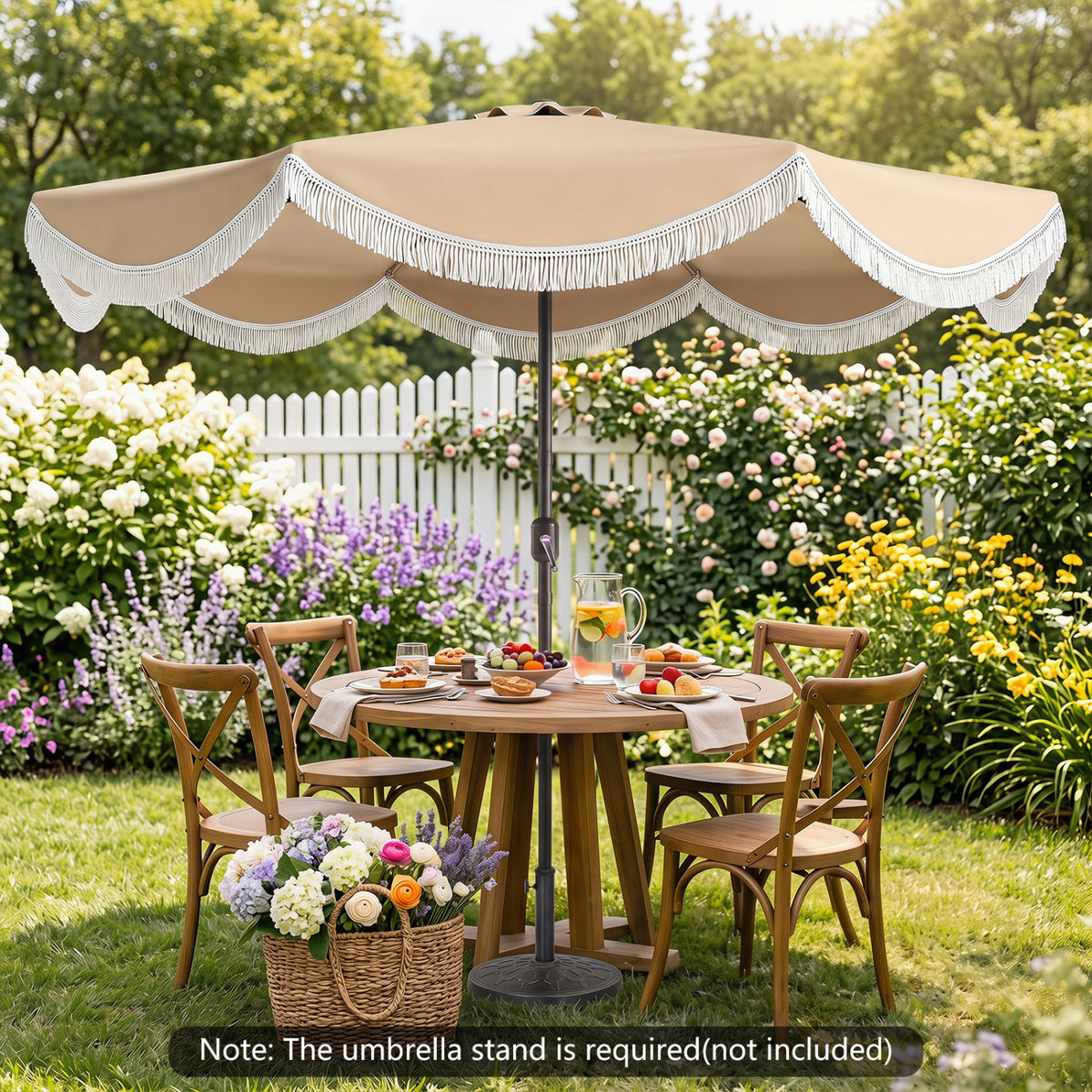 10 FT Outdoor Tassel Umbrella with Push Button Tilt-White