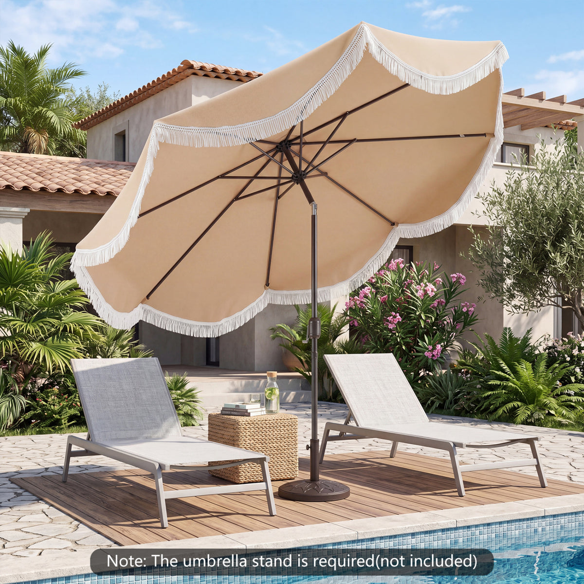 10 FT Outdoor Tassel Umbrella with Push Button Tilt-White