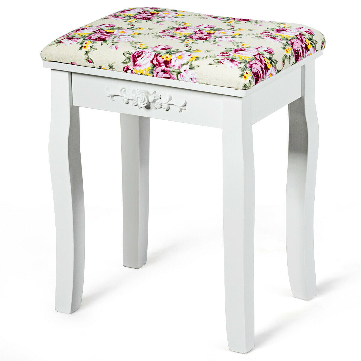 Vanity Wood Dressing Stool Padded Piano Seat with Rose Cushion-White
