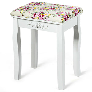 Vanity Wood Dressing Stool Padded Piano Seat with Rose Cushion-White