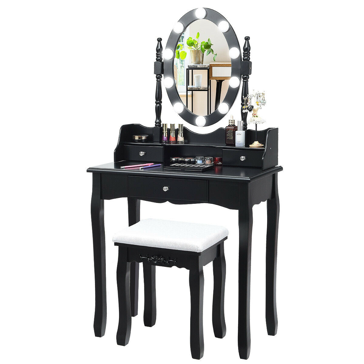 Oval Mirror Vanity Set  with 10 LED Dimmable Bulbs and 3 Drawers-Brown