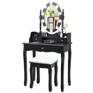 Oval Mirror Vanity Set  with 10 LED Dimmable Bulbs and 3 Drawers-Brown