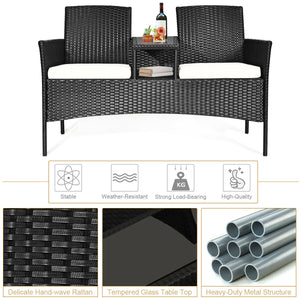 Wicker Patio Conversation Furniture Set with Removable Cushions and Table-White