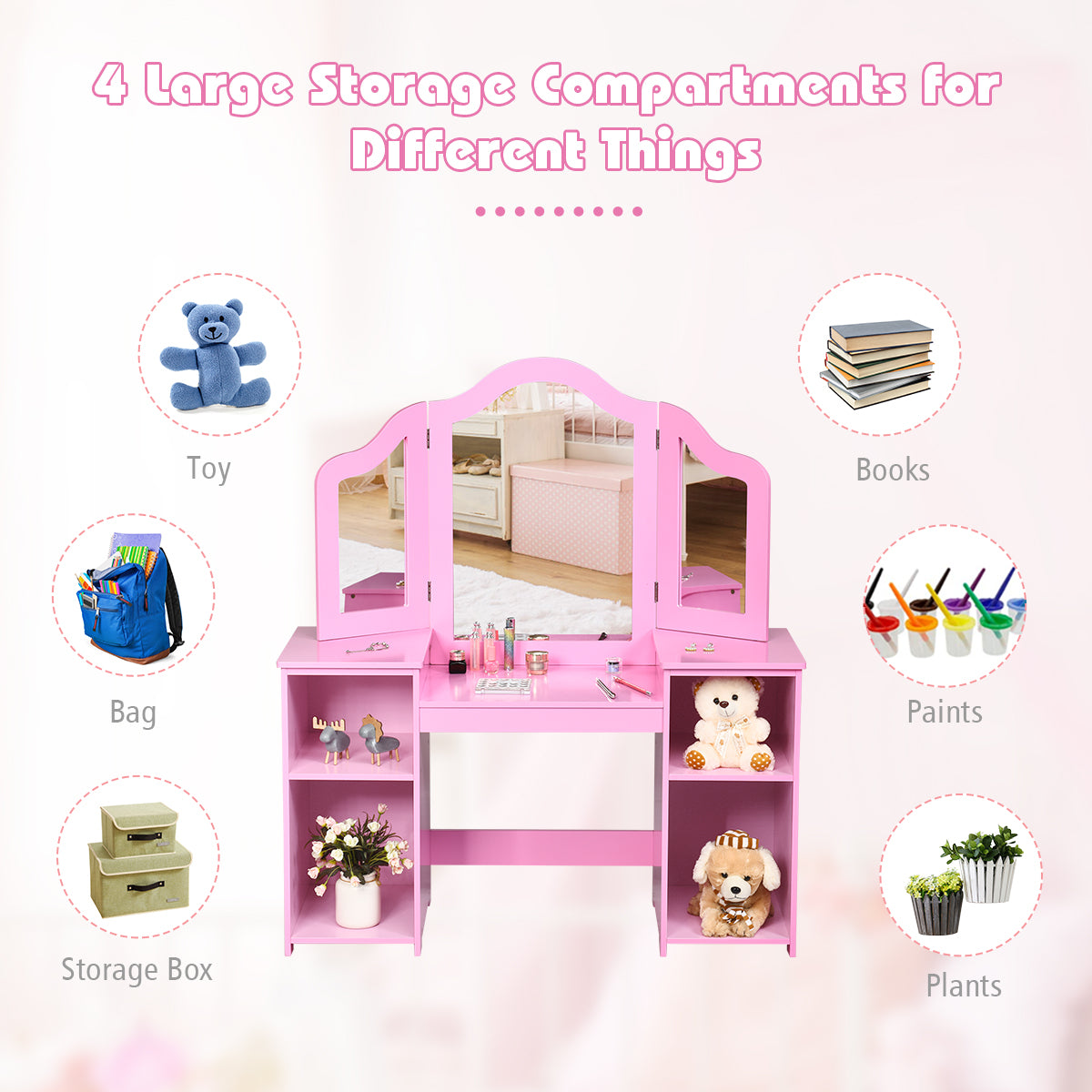 Kids Tri Folding Mirror Makeup Dressing Vanity Table Set-White
