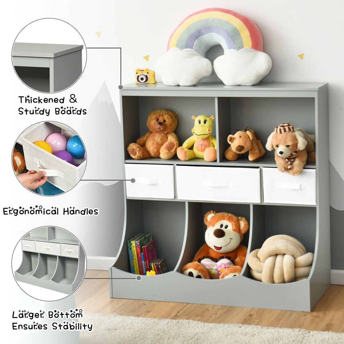 Freestanding Combo Cubby Bin Storage Organizer Unit W/3 Baskets-Brown