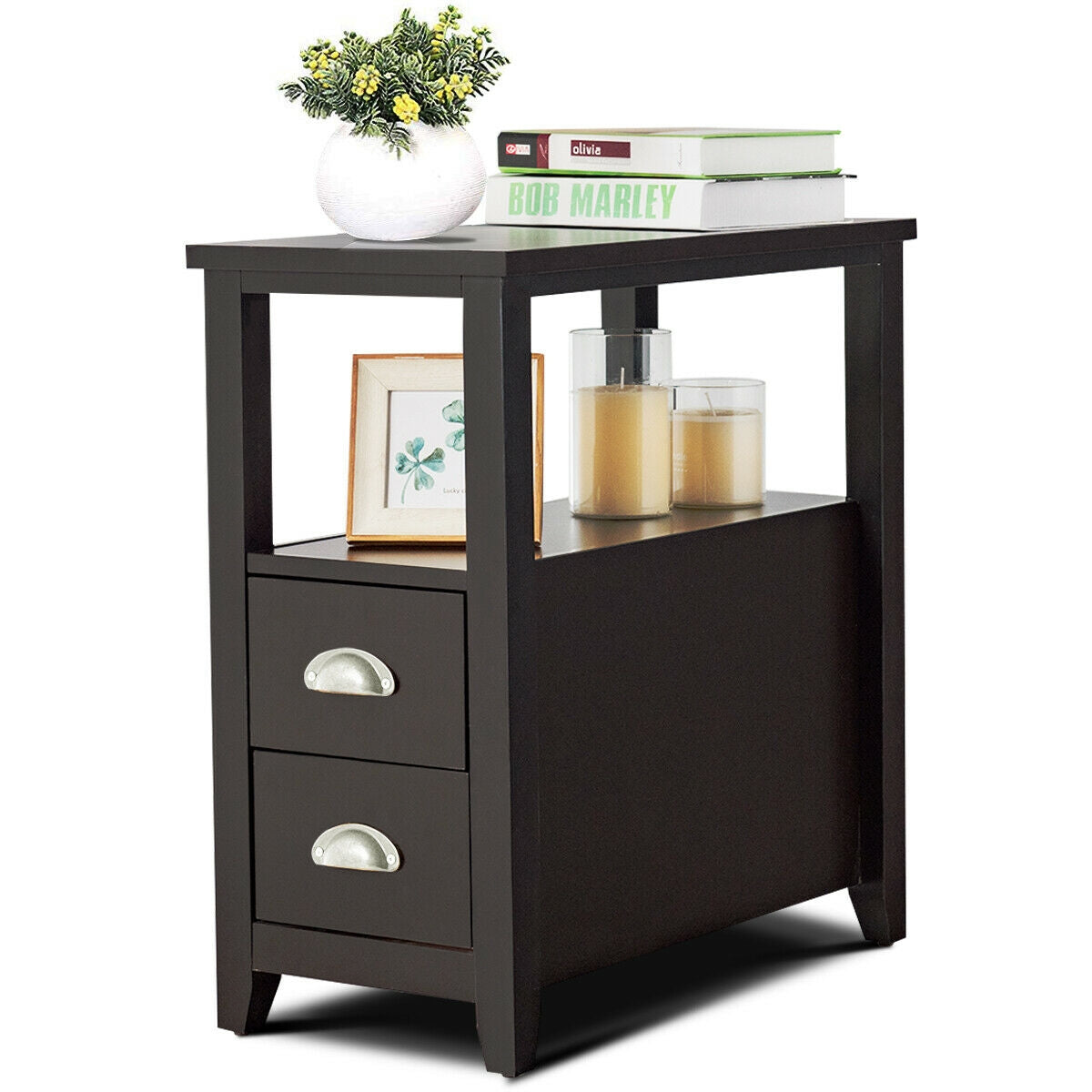 Set of 2 End Table Wooden with 2 Drawer & Shelf Bedside Table-Brown