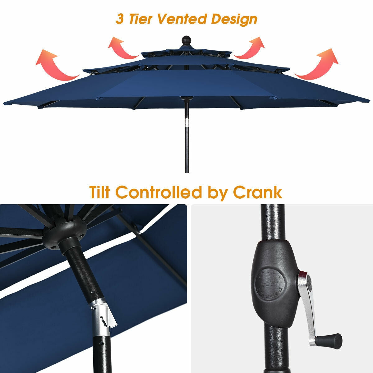 10' 3 Tier Patio Umbrella Aluminum Sunshade Shelter Double Vented without Base-Navy by DirectDeals