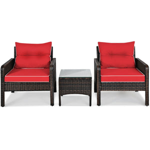 3 Pieces Outdoor Patio Rattan Conversation Set with Seat Cushions-Beige